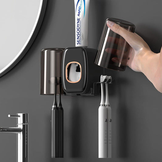 Creative Automatic Toothpaste Squeezer & Toothbrush Holder Set Hands-Free Dispenser with Wall Mounted Storage.