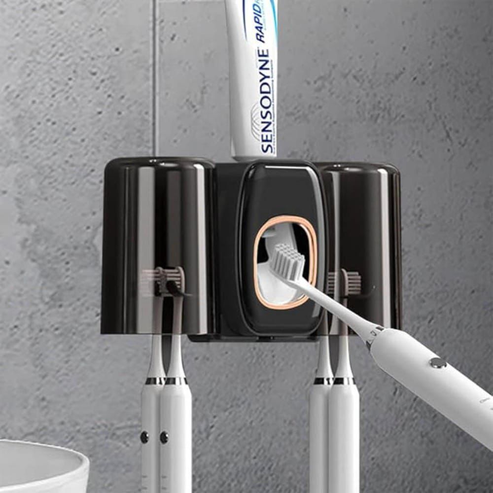 Creative Automatic Toothpaste Squeezer & Toothbrush Holder Set Hands-Free Dispenser with Wall Mounted Storage.