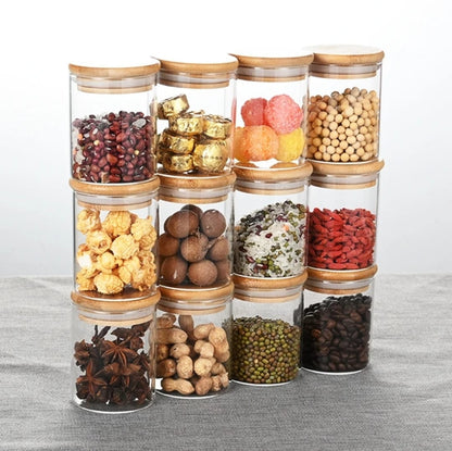 12pcs Glass Storage Jar Set with Bamboo Lids Airtight Containers for Tea, Coffee, Sugar, Candy & Spice Storage, Reusable Round Kitchen Organization Jars | 300ml