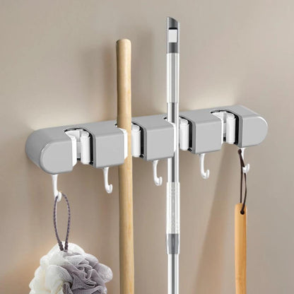 Non Slip Wall Mounted Mop Holder 4 Racks 5 Hooks, Drill Free Installation, Space Saving Storage Solution