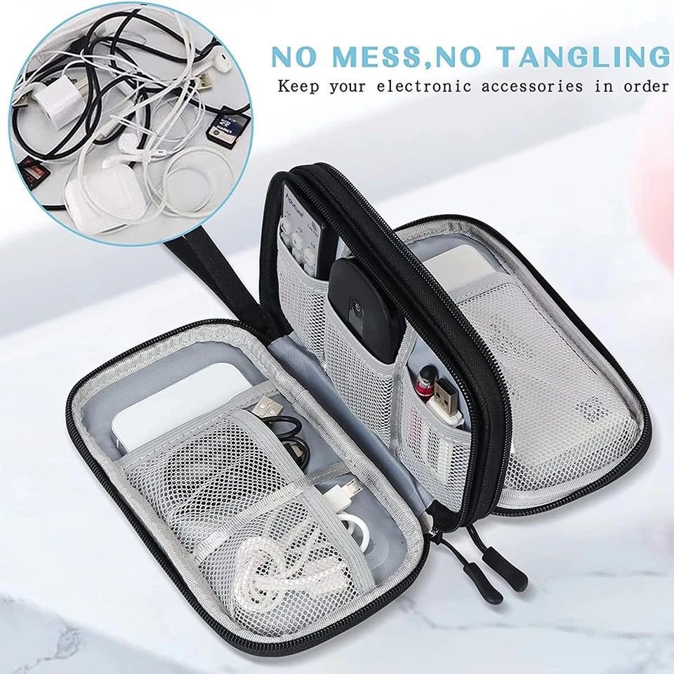 Travel Cable Organizer Bag Portable Waterproof Double Layer Storage for Cables, Power Bank, and Accessories