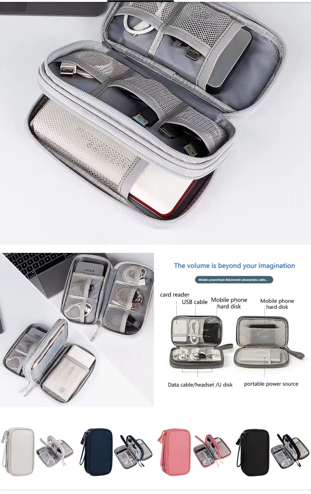 Travel Cable Organizer Bag Portable Waterproof Double Layer Storage for Cables, Power Bank, and Accessories