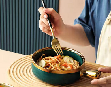 Porcelain Snack Bowl with Handle and Gold Ring Perfect for Cereals and Breakfast