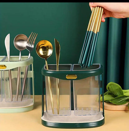 Kitchen Cutlery Organizer with Drain Hole Wall Mounted, Transparent Compartments for Chopsticks, Spoons & Forks Available in White, Dark Green, Light Green