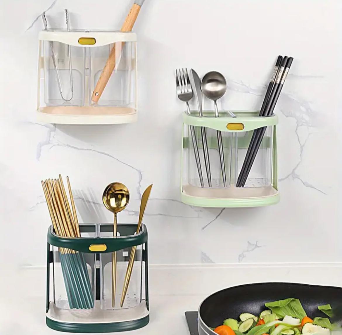 Kitchen Cutlery Organizer with Drain Hole Wall Mounted, Transparent Compartments for Chopsticks, Spoons & Forks Available in White, Dark Green, Light Green