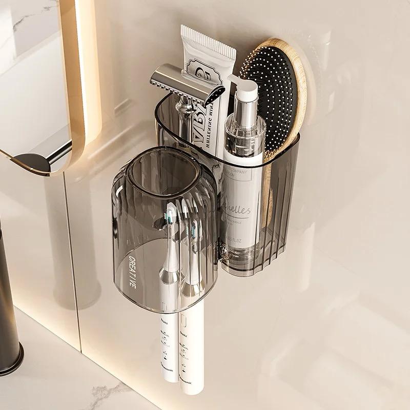 Wall Mounted Toothbrush Holder with Automatic Toothpaste Dispenser Bathroom Organizer with Storage Space