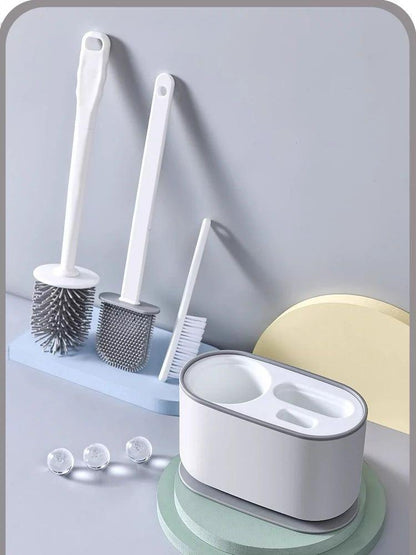 5 in 1 Cleaning Toilet Brush Set with Drying Holder Bristle Brush, Silicone Flat Brush, Tongs, Corner Brush, and Draining Rack