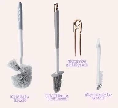 5 in 1 Cleaning Toilet Brush Set with Drying Holder Bristle Brush, Silicone Flat Brush, Tongs, Corner Brush, and Draining Rack