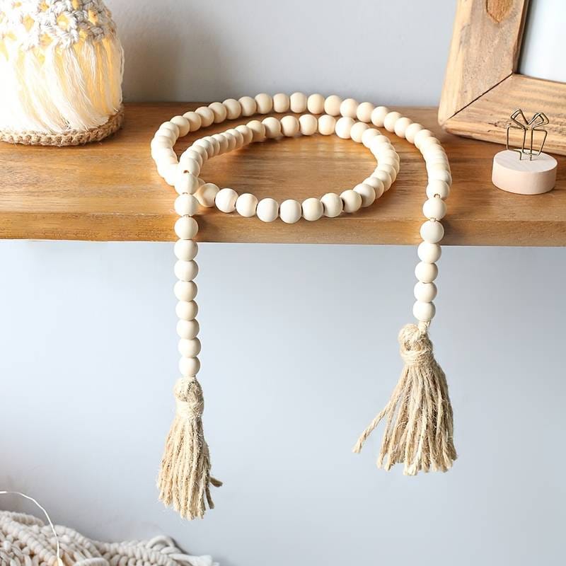 Wooden Beads Garland with Tassels Farmhouse Decor, 120cm Long, 0.5" Beads