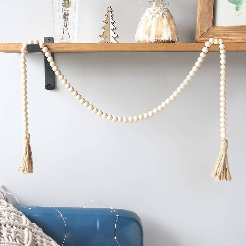 Wooden Beads Garland with Tassels Farmhouse Decor, 120cm Long, 0.5" Beads