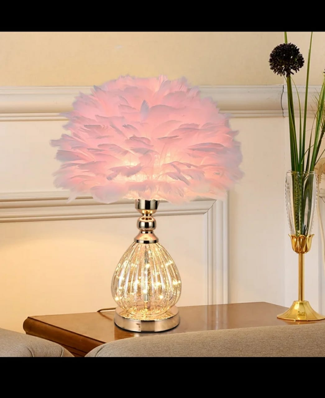 Crystal Feather Lamp Table Elegant Feather Lamp with Multiple Base Options, Available in White, Pink, and Grey