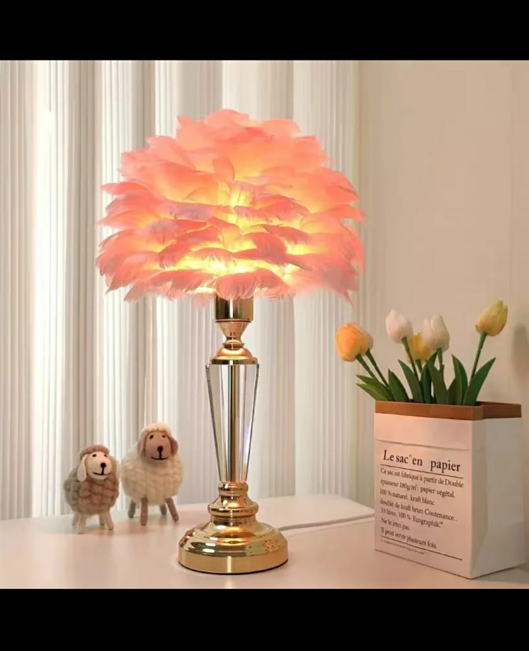 Crystal Feather Lamp Table Elegant Feather Lamp with Multiple Base Options, Available in White, Pink, and Grey