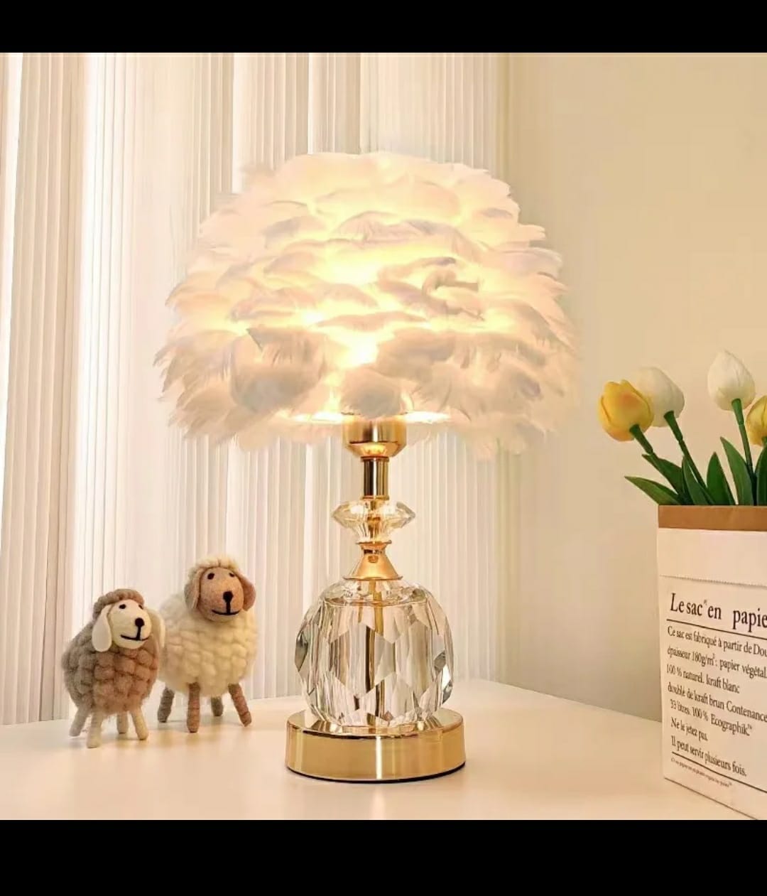 Crystal Feather Lamp Table Elegant Feather Lamp with Multiple Base Options, Available in White, Pink, and Grey