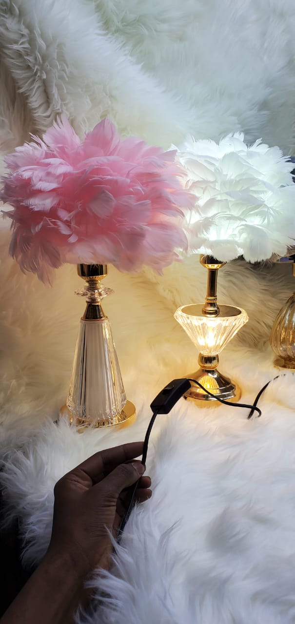 Crystal Feather Lamp Table Elegant Feather Lamp with Multiple Base Options, Available in White, Pink, and Grey