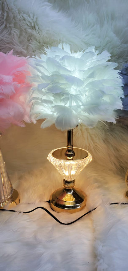 Crystal Feather Lamp Table Elegant Feather Lamp with Multiple Base Options, Available in White, Pink, and Grey