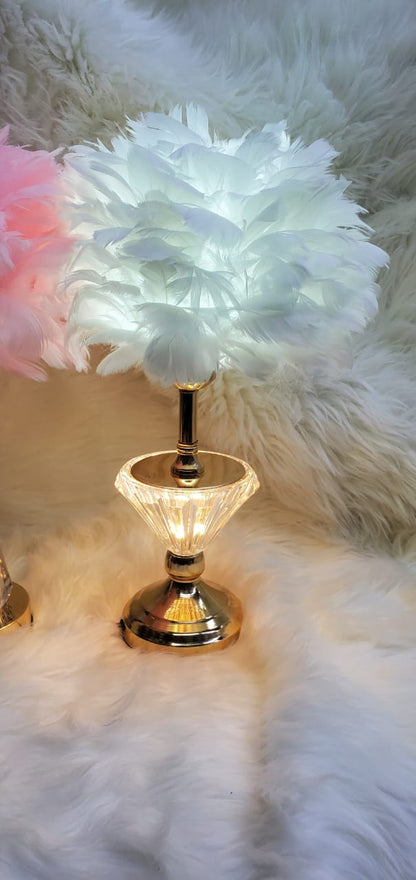 Crystal Feather Lamp Table Elegant Feather Lamp with Multiple Base Options, Available in White, Pink, and Grey