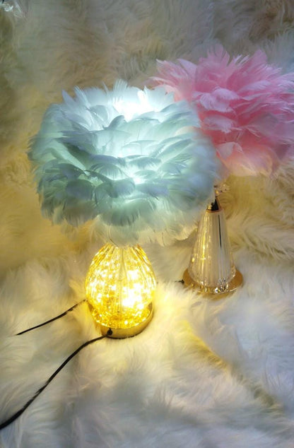 Crystal Feather Lamp Table Elegant Feather Lamp with Multiple Base Options, Available in White, Pink, and Grey