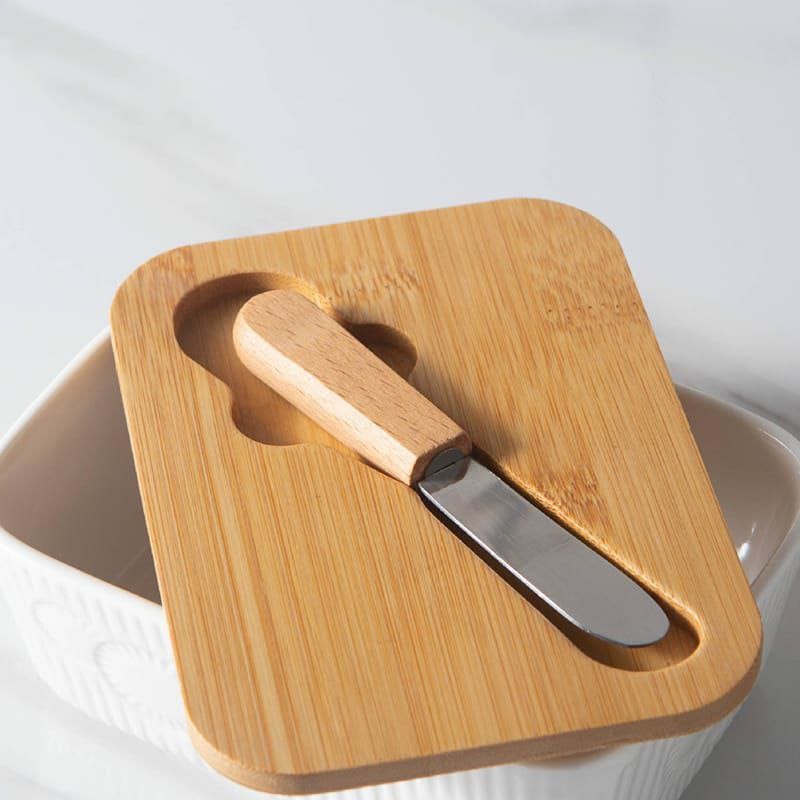 Porcelain Butter Set with Bamboo Lid and Knife 400ml Non Slip Butter Keeper for Freshness and Easy Cleaning