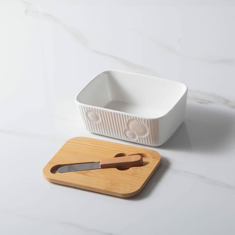 Porcelain Butter Set with Bamboo Lid and Knife 400ml Non Slip Butter Keeper for Freshness and Easy Cleaning