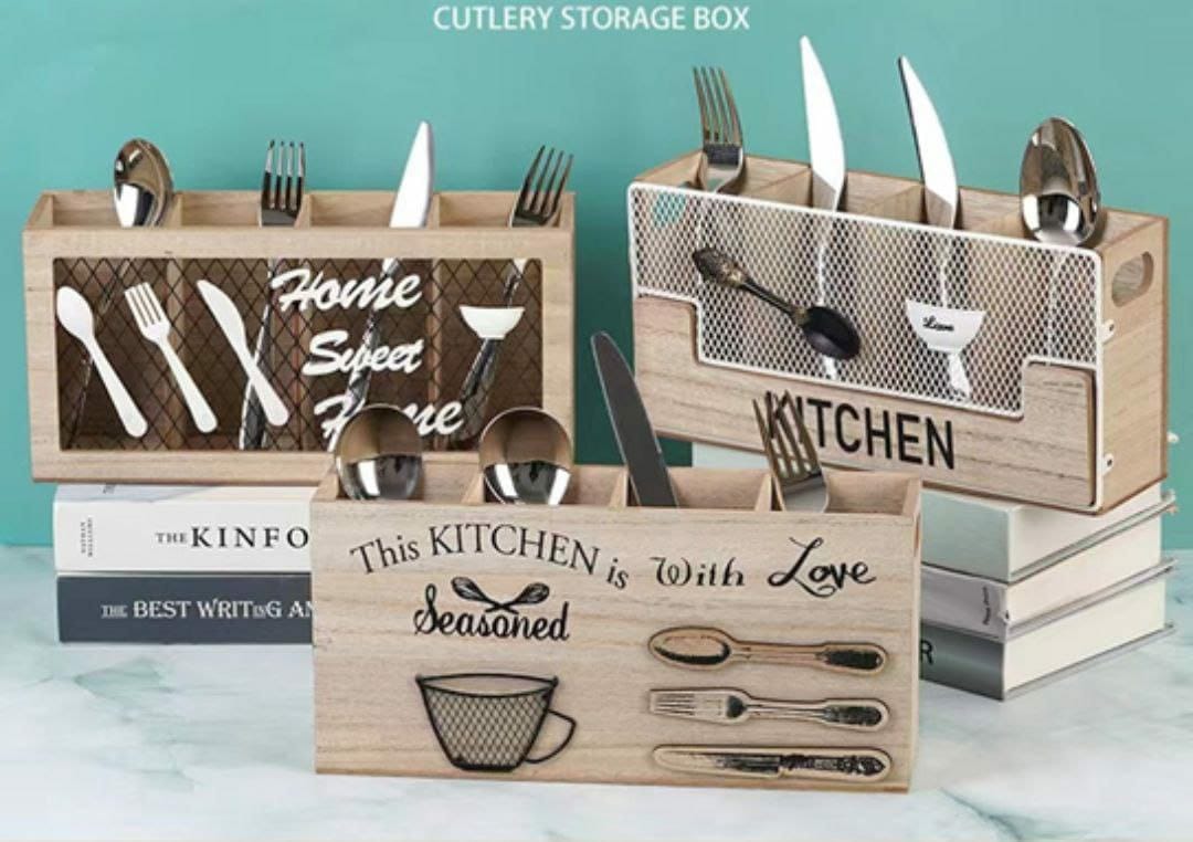 Wooden Kitchen Utensils Holder  Durable Solid Wood Cutlery Organizer for Countertop Storage