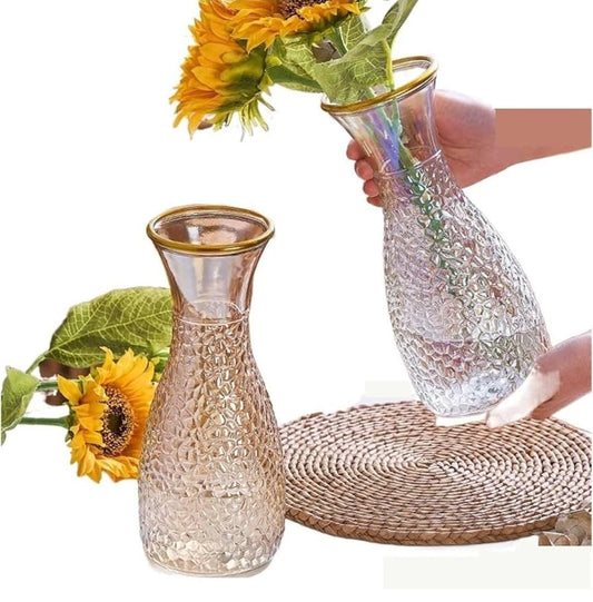 Elegant Gold Brim Glass Flower Vase 9cm Diameter x 26cm Height, Available in Clear and Golden Colors