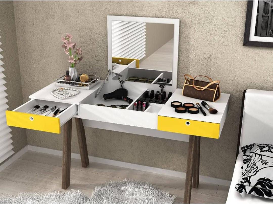 2024 Multifunctional Vanity Table with LED Mirror Modern Dressing Table with Drawer, Bedside Makeup Desk, Office Study Writing Desk (Yellow & White, White Plain)