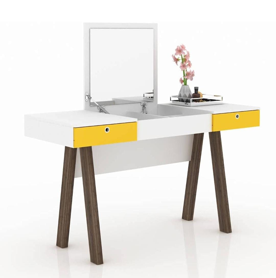 2024 Multifunctional Vanity Table with LED Mirror Modern Dressing Table with Drawer, Bedside Makeup Desk, Office Study Writing Desk (Yellow & White, White Plain)