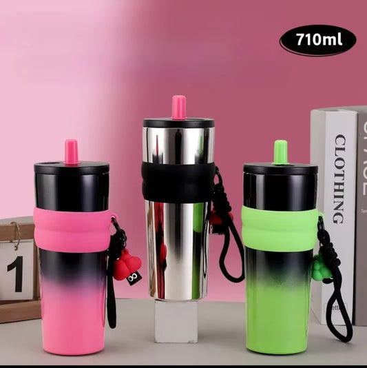 High-Quality Mirror Surface Thermcups with Straw – 710ml Capacity, Insulated Tumbler, Available in Pink, Silver, Green