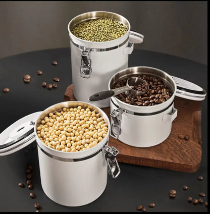 Stainless Steel Coffee Bean Vacuum Storage Container / 1800ml Airtight Food Canister with CO2 Valve, White