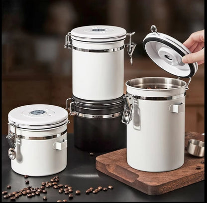 Stainless Steel Coffee Bean Vacuum Storage Container / 1800ml Airtight Food Canister with CO2 Valve, White