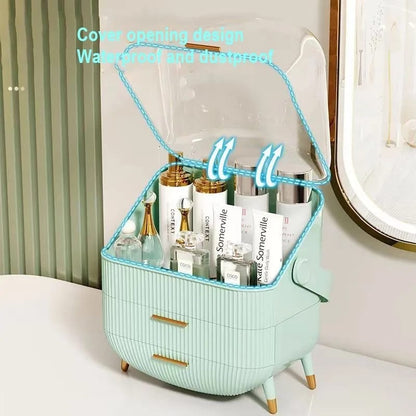 Luxury Large Capacity Cosmetic Storage Box | Fashion Acrylic Makeup & Jewelry Organizer with Transparent Window, Portable 35L Design for Vanity (White, Blue, Green)