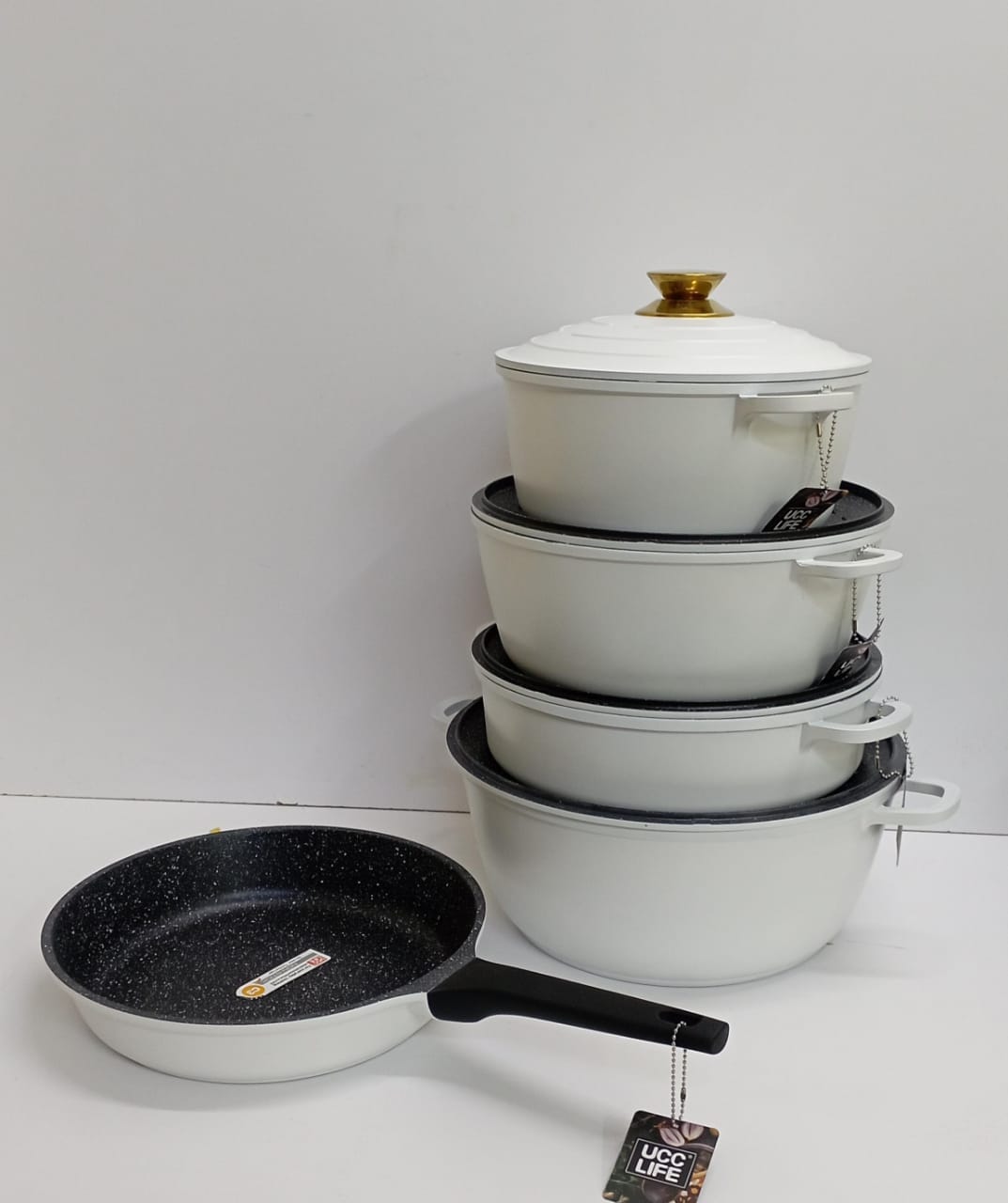 11PCS Non Stick UCC Life Pot Set Premium White Cookware for Easy Cooking available in white.