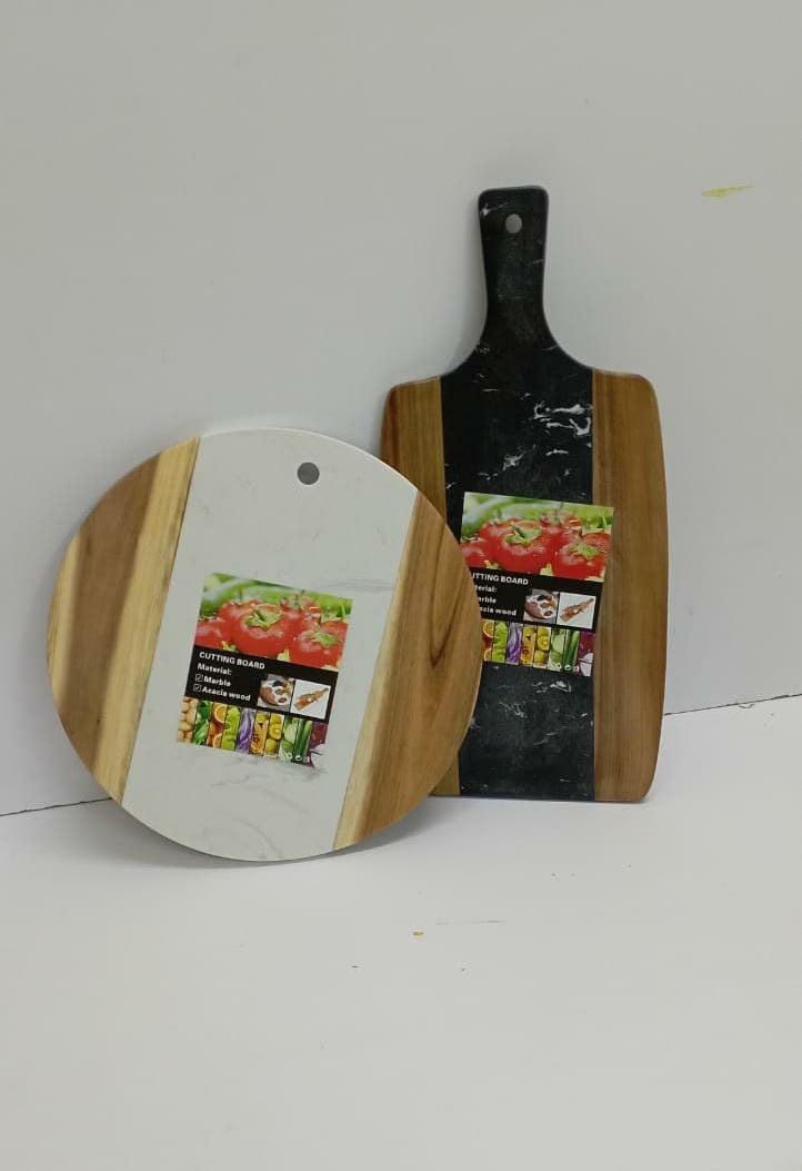 Cutting Marble Board + Acacia Serving Tray Heavy 2kg Rectangular & Round Stone Cutting Board