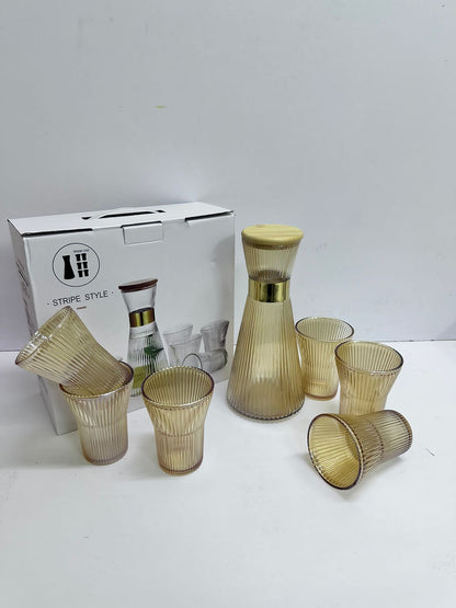 7in1 Transparent Heat Resistant Water Pot Set with Bamboo Cover  1.2L Kettle Jug & 6pcs 285ml Glasses