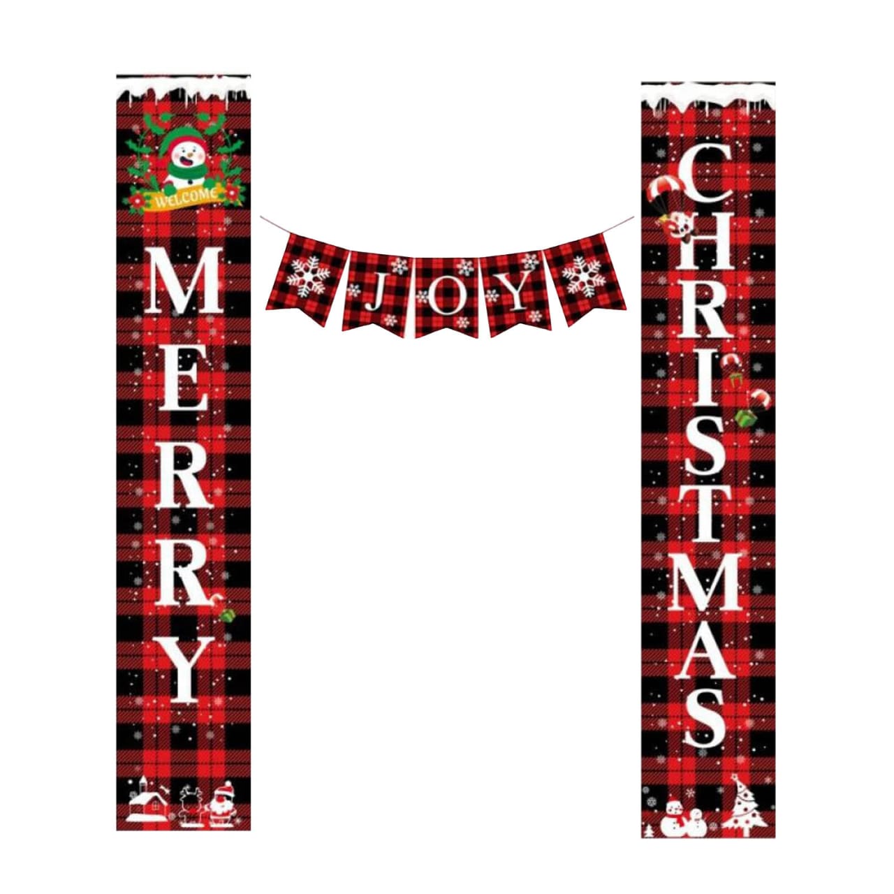 Merry Christmas Porch Sign | Joy Christmas Banners | Red & Black Buffalo Plaid Porch Signs