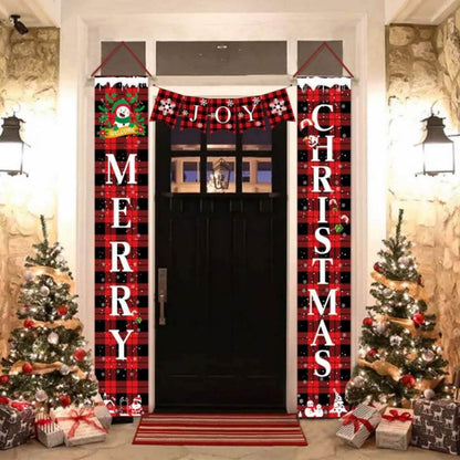 Merry Christmas Porch Sign | Joy Christmas Banners | Red & Black Buffalo Plaid Porch Signs