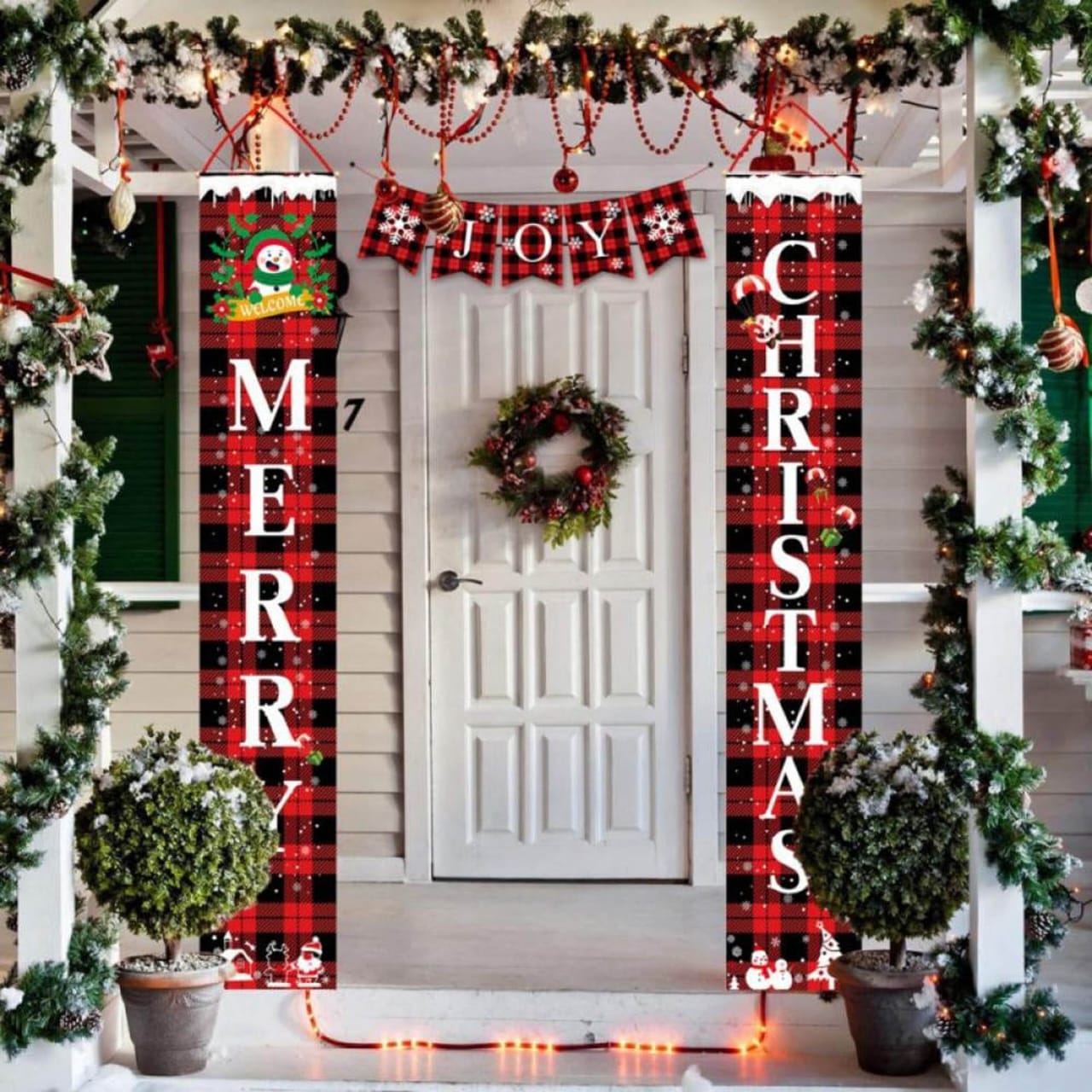 Merry Christmas Porch Sign | Joy Christmas Banners | Red & Black Buffalo Plaid Porch Signs