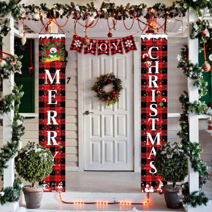 Merry Christmas Porch Sign | Joy Christmas Banners | Red & Black Buffalo Plaid Porch Signs