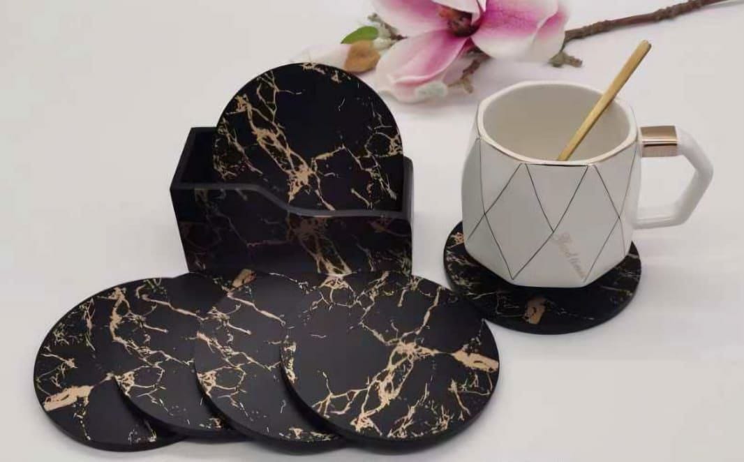 Marble Cup Coasters Set  6 Pcs with Wooden Stand