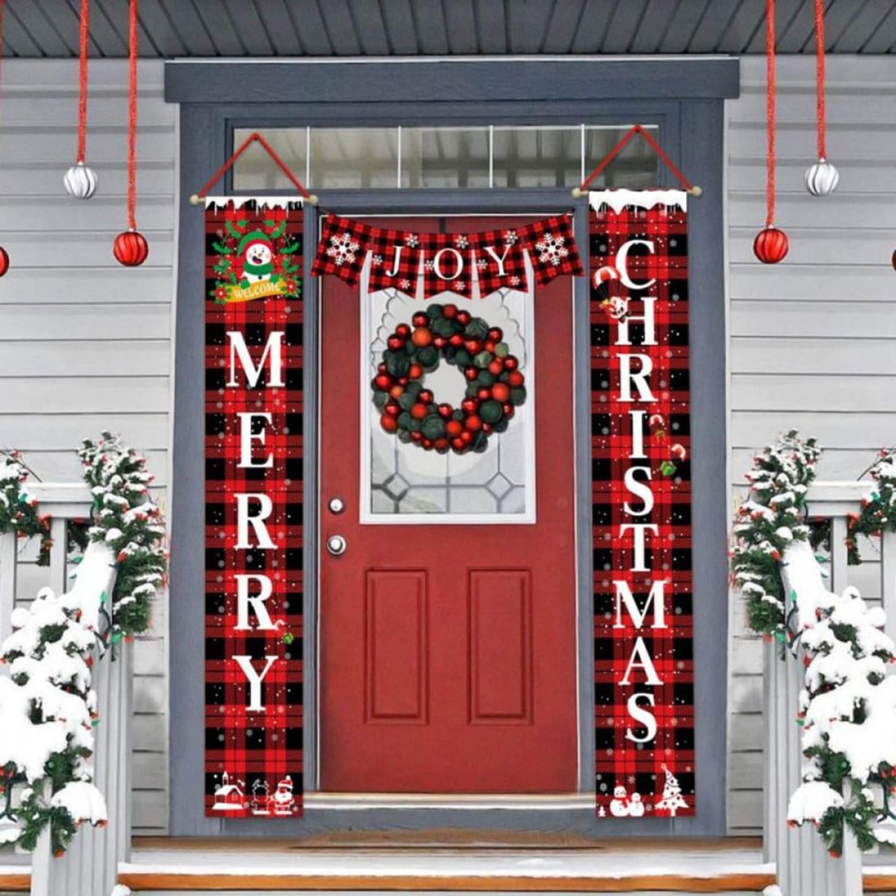 Merry Christmas Porch Sign | Joy Christmas Banners | Red & Black Buffalo Plaid Porch Signs