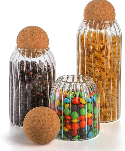 Ribbed Storage Glass Jars 3pcs Set of Stylish, Airtight Containers for Kitchen & Pantry Organization