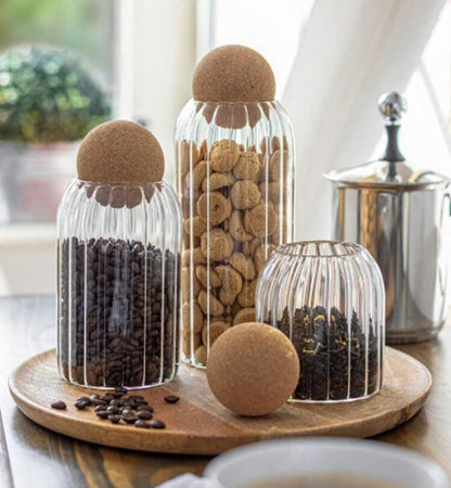 Ribbed Storage Glass Jars 3pcs Set of Stylish, Airtight Containers for Kitchen & Pantry Organization