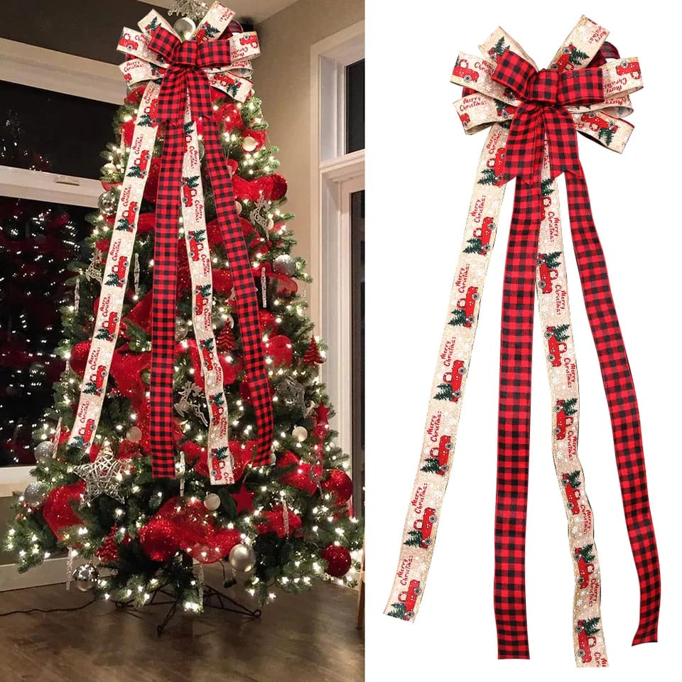 Large Christmas Bows | 110cm Plaid Bowknot Christmas Tree Ornament | Handmade New Year Decor