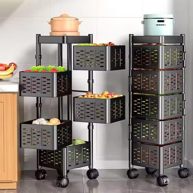 Heavy Duty 5Tier Multi-layer Basket Storage Rack with Lockable Wheels Perfect for Fruits & Vegetables, Black