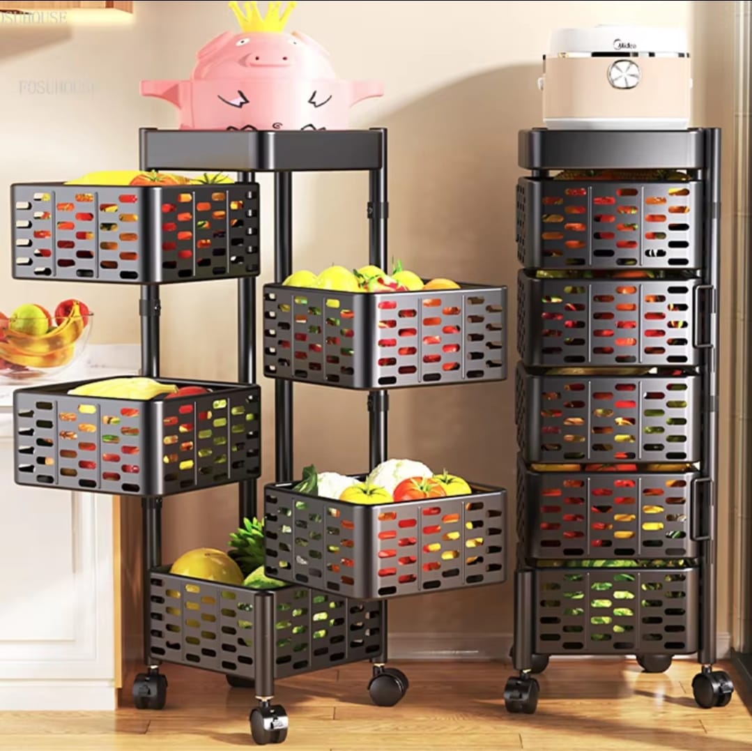 Furaha Finds Rotating Multifunctional Storage Rack with Wheels 30x30x90cm square metal design in black, perfect for kitchen, bathroom, and office organization.