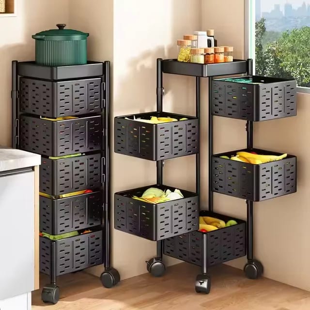 Furaha Finds Rotating Multifunctional Storage Rack with Wheels 30x30x90cm square metal design in black, perfect for kitchen, bathroom, and office organization.