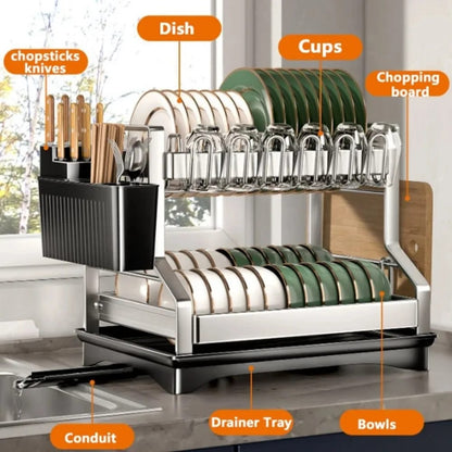 2Tier Kitchen Dish Rack with Drain Tray | Large Capacity Organizer