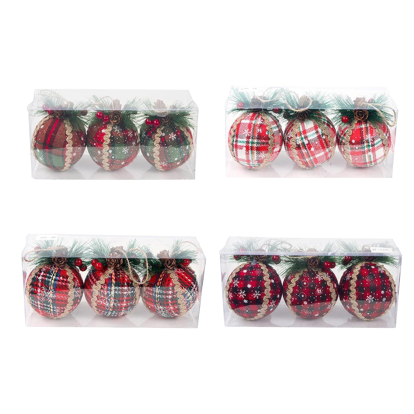 3pcs Set  8cm Christmas Decoration Pendant Set | Red Check Pine Ornament Balls | Holiday Tree Decor