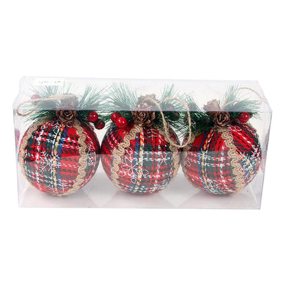 3pcs Set  8cm Christmas Decoration Pendant Set | Red Check Pine Ornament Balls | Holiday Tree Decor