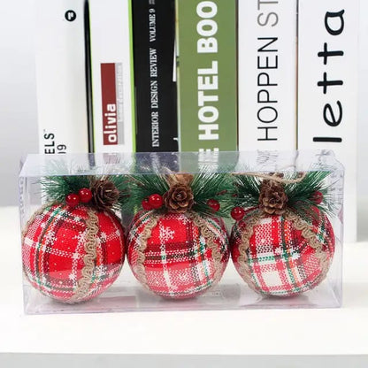 3pcs Set  8cm Christmas Decoration Pendant Set | Red Check Pine Ornament Balls | Holiday Tree Decor